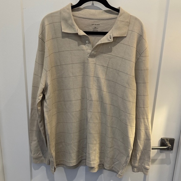 Van Heusen Beige Checkered Long Sleeve Polo - Picture 1 of 3